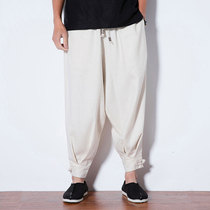 Summer mens thin cotton linen casual trousers Chinese style buckle closure feet loose size vintage linen bloomers