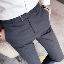 Hong Kong Mens Autumn Joker British Slim Pants Korean Tide Small Foot Stripes Business Casual Pants