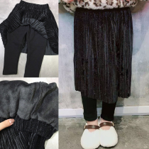 2020 Autumn and Winter new girls skirt plus velvet padded gold velvet pleated pants skirt children fake Two Leggings