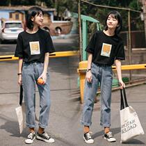 Summer Han Edition Short-sleeved T-shirt with jeans suit female students bf loose and small fresh two tide