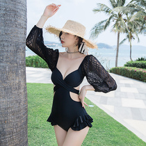 One-piece swimsuit female summer thin cover belly sexy steel ring small chest gathering fairy long sleeve 2021 new student vacation