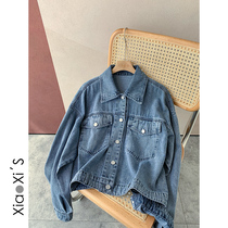 Xiaohijijia) Spring and autumn denim jacket Han version Chaujin 100 hitch on clothes students loose retro port Wind jacket woman