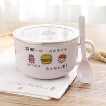 Cartoon set Japanese instant noodle bowl Student with stainless steel rice bowl with spoon with lid rice box handle Instant noodle bowl