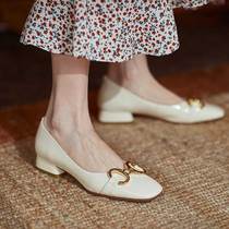 Single shoe woman coarse heel 2022 Spring autumn season new metal buckle square head womens shoes with fairy Inn wind small leather shoes
