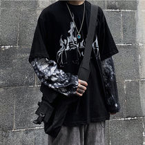 Long-sleeved T-shirt mens fake two-piece tie-dyed hip-hop trend brand student stitching loose base top round neck teen