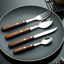 304 stainless steel knife and fork spoon set Western tableware main meal solid wood handle Rosewood retro steak knife and fork spoon