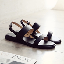Leather sandals womens summer flat bottom simple all-match retro soft bottom non-slip word buckle belt student Roman womens shoes large size