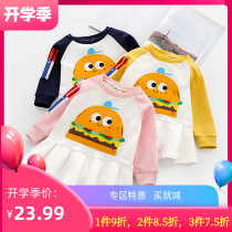 Girls  dresses autumn new female baby cute burger printed pleated skirt childrens raglan sleeve short skirt