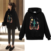 Hong Kong black cactus cartoon print long-sleeved 2021 spring new hooded sweater women loose INS tide