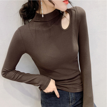 Semi-high-neck base shirt womens autumn and winter 2021 European goods new open clavicle thin inner tie long-sleeved t-shirt womens top tide