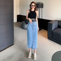  Split denim skirt female mid-length 2021 summer retro Hong Kong style high waist thin design sense burred long skirt