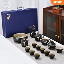 High-grade tin Lotus black pottery kung fu tea set gift box set home living room office handmade ceramic tea cup teapot