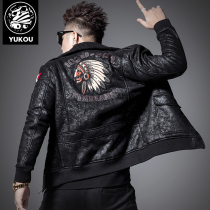 Meet Kou mens leather velvet thickened trend handsome fur one-piece Parker coat embroidered leather jacket mens trend