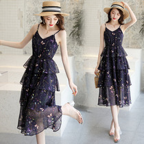Chiffon floral suspenders dress 2021 summer new womens hipster sweet temperament thin cake skirt
