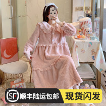 Sleeping skirt women fall winter long sleeve large lapel cute coral fleece sea island fleece princess wind sweet loose bubble fleece pajamas