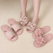 Sweet fresh couple lace bow home slippers men and women indoor floor spring and summer silent soft bottom self-retention