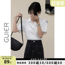 GUIER Polo collar splicing short sleeves 2022 New female design Sensation Little Crowdblouse Women Summer Thin