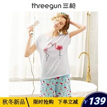Three-shot pajamas womens cotton spring and summer new round neck printed short-sleeved shorts