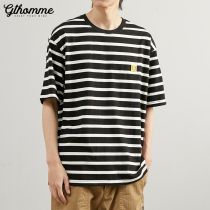 2021 summer new mens short sleeve loose T-shirt stripes Joker casual round neck trend youth half sleeve shirt