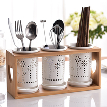 Japanese ceramic chopsticks tube chopsticks holder with drain box three barrels anti-mildew Korean bone china chopsticks cage chopsticks