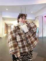 Special BORAKOO Korea Dongdaemun winter self-reserved~Caramel color plaid wool brushed cotton coat coat