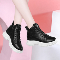 Leather cowhide high-top shoes womens shoes autumn 2021 new popular casual casual inner increase black sneakers