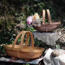 Sakura flower wood chips Japanese fruit picnic basket bread flower arrangement basket food box carbonized old decorative handle basket