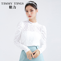 (Mall same section) Sugar spring new white temperament web yarn lace undershirt with long sleeve hooded blouse