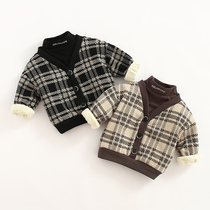 2021 new boys foreign-style clothes childrens high neck shirt baby plus velvet plus cotton padded top baby clothes