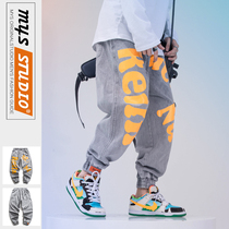 MYS Net red Harlan jeans mens national Tide brand loose street graffiti printing hip hop bunch foot skateboard pants autumn