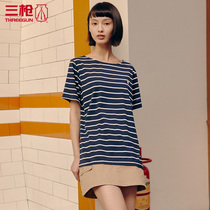 Three-Shot short-sleeved womens stripes summer color strip smooth dense cotton round neck T-shirt womens sweatshirt casual wide pine summer 23758