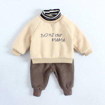 Baby sweater suit plus velvet thick autumn and winter models 1-3 years old infant two-piece set of foreign-style boys and girls childrens clothes 0