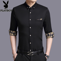 Playboy shirt men long sleeve spring and autumn mens print casual black shirt Korean slim slim slim top tide