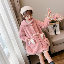 Korean girl sweater coat 2021 autumn and winter new little girl Korean version of foreign style long thick coat