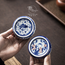 Handmade blue and white cover set purple sand pot cover set Jingdezhen ceramic tea set Hand-painted Ruyi Fushou fish and algae pattern tea pet