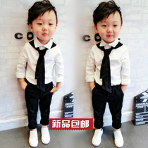 Childrens clothing Spring and Autumn childrens boys tie white shirt Long sleeve shirt Flower girl dress cardigan top cotton shirt tide