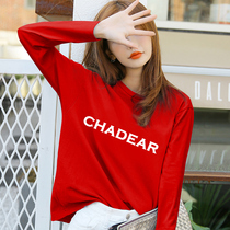 Cotton 2020 new spring womens red long sleeve T-shirt female loose size student letter print top