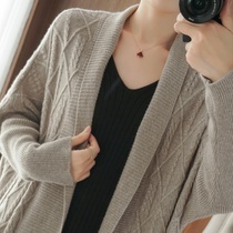 Medium and long cashmere jacket cardigan autumn and winter knee loose laziness thick twist knitted wool outside plus size