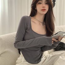 Vanya irregularly long sleeve T-shirt woman sexy low-collar body in spring and fall with a short gray coat