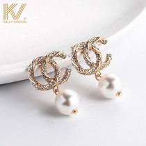 Double C pearl earrings 2021 New Tide small fragrant wind sterling silver earrings female Korean temperament Net red earrings