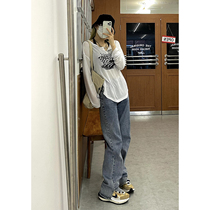 DREAM SEVEN77 Straight Barrel Jeans Woman 2021 Fall new 100 lap high waist open fork wide leg pants