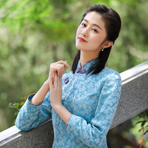 Autumn water ballad (plum dock blues) jacquard silk chrysanthemum buckle Chinese modified cheongsam female long silk cotton inner