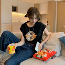 Vanya black sleeveless vest T-shirt Summer Han Edition Han Han Design Sense Small Printing Pure Cotton Cotton Coat