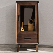 Nordic TV Side Cabinet Living Room Glass Side Cabinet Single Door Small Wine Cabinet Leaning Against Wall Black Walnuts Solid Wood Modern Minima Corner Cabinet