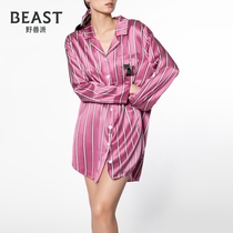 THEBEAST Fauvism Leopard Live You Lady Pink Striped Print Silk Shirt Dress Pajamas to be worn