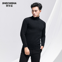 Mens autumn and winter high neck solid color knitwear stretch wild Korean turtleneck sweater mens base shirt tide