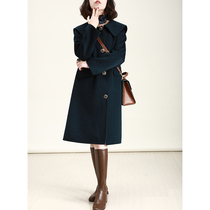 NZ retro style Hepburn Herbena navy collar row of buttons with long and double face cashmere big coat woman anti-tiff fur coat