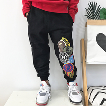 Winter-velvet Japanese tide children baby boys and girls multi label label 420g cotton mill plus velvet sweatpants