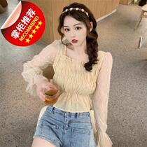 2020 summer new Korean version sweet little fresh square collar waist stitching lace sleeve sunscreen short a top