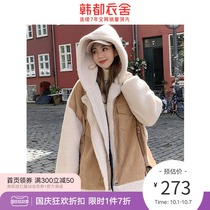 Handu clothes House 2021 Winter new womens lamb hair color corduroy loose casual hooded short cotton coat